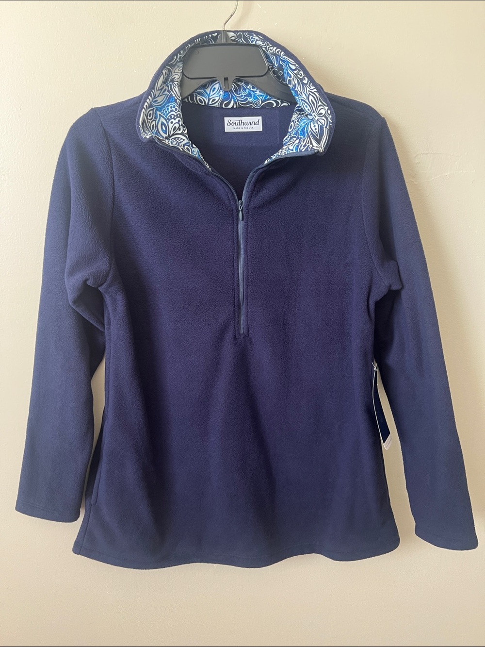 Southwind Apparel Navy Floral Trim Quarter Zip Fleece Pullover UPF 50+ XS NWT